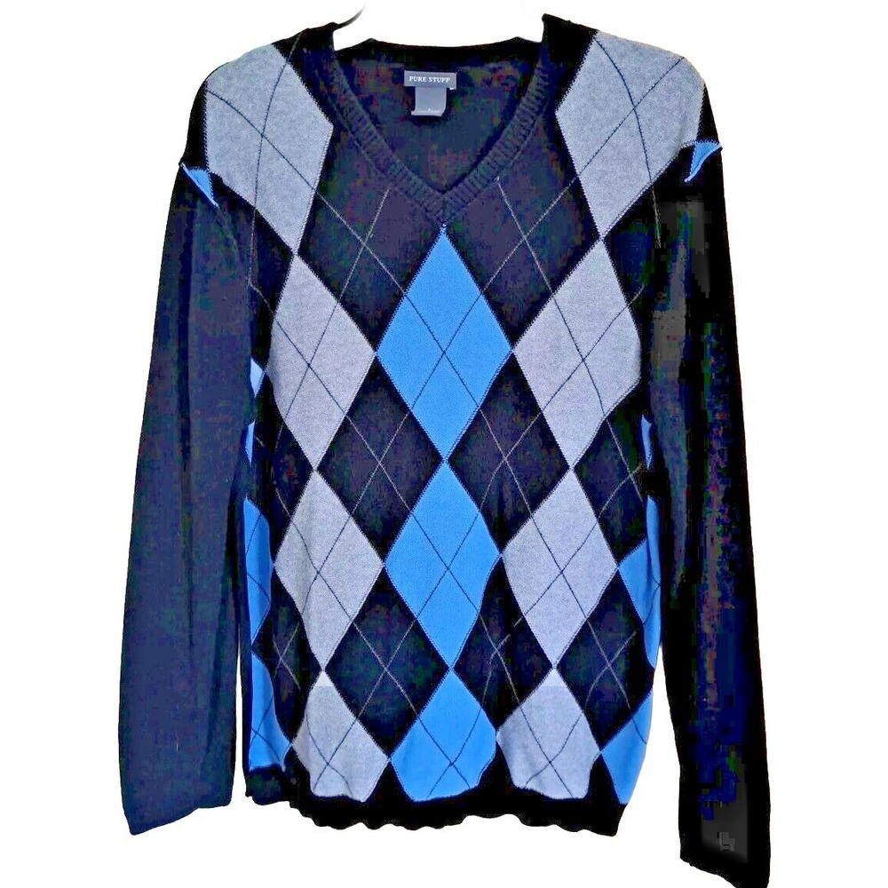 Pure Stuff Sweater Men's Size L Argyle‎ Black Gray Teal V-Neck Reverse Stitch